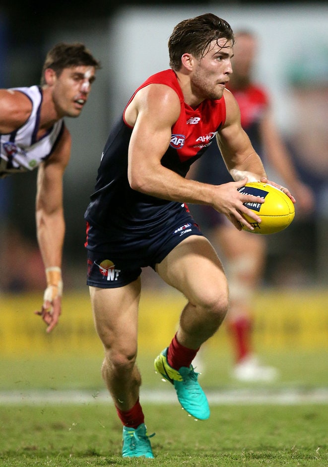 AFL 2016 Rd 16 - Melbourne v Fremantle DARWIN, AUSTRALIA - JULY 09: Jack Viney of the Demons evades Garrick Ibbotson of the Dockers during the 2016 AFL Round 16 match between the Melbourne Demons and the Fremantle Dockers at TIO Stadium on July 9, 2016 in Darwin, Australia. (Photo by Justine Walker/AFL Media)
